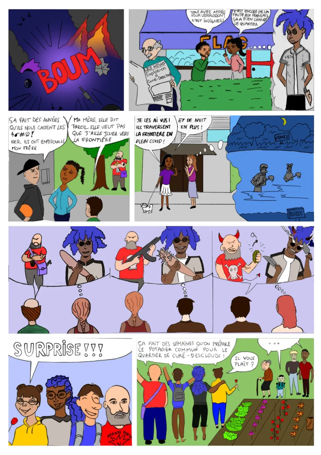 apprendre_a_dessiner 12 L'une des BD réalisée : La menace fantôme, allusion humoristique aux préjugés contre les frontaliers français. Dessinée à la main, scannée et colorisée avec Inkscape.