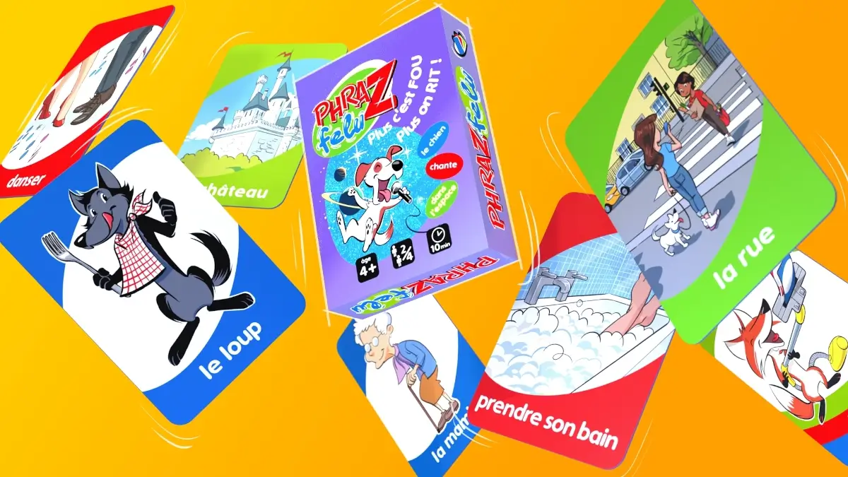 Illustration du jeu pédagogique Phrazfelu, avec des personnages et décors humoristiques en style BD sur des cartes à jouer.