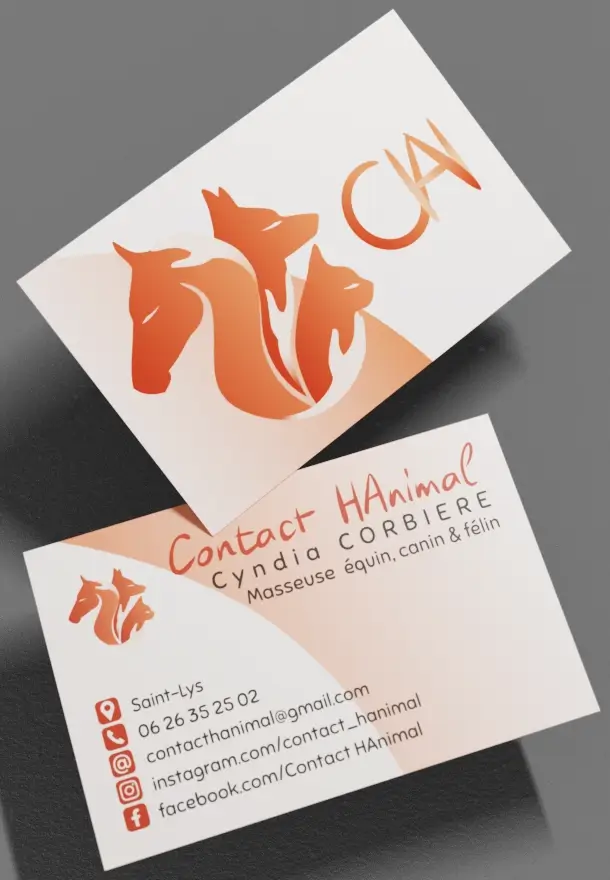 Le logo de Contact HAnimal. Des teintes pastel pour la douceur, des courbes pour le calme et le bien-être. L'image représente des mains qui caressent un cheval, un chien et un chat.