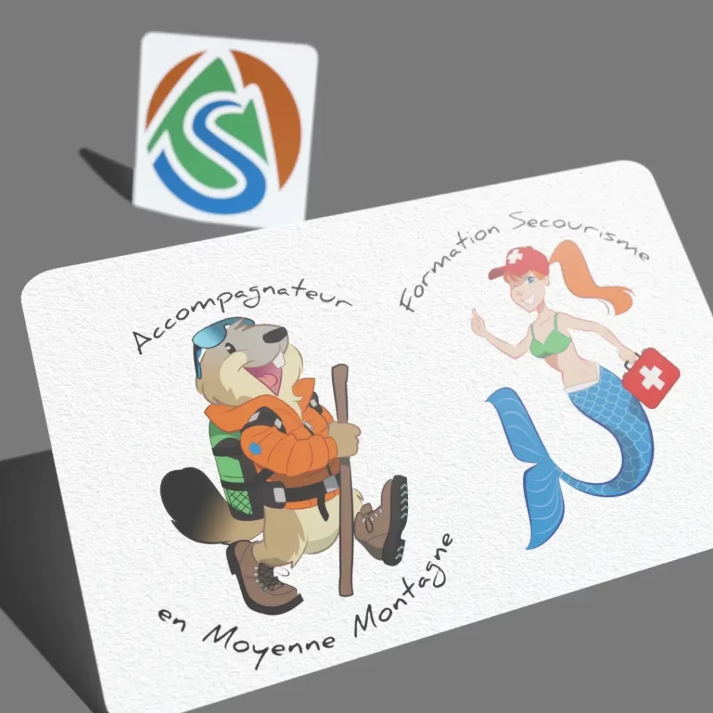 Au fond, le favicon de l'entreprise. Et devant, les 2 mascottes qui personnalisent les 2 activités : accompagnateur en moyenne montagne et formation en secourisme.