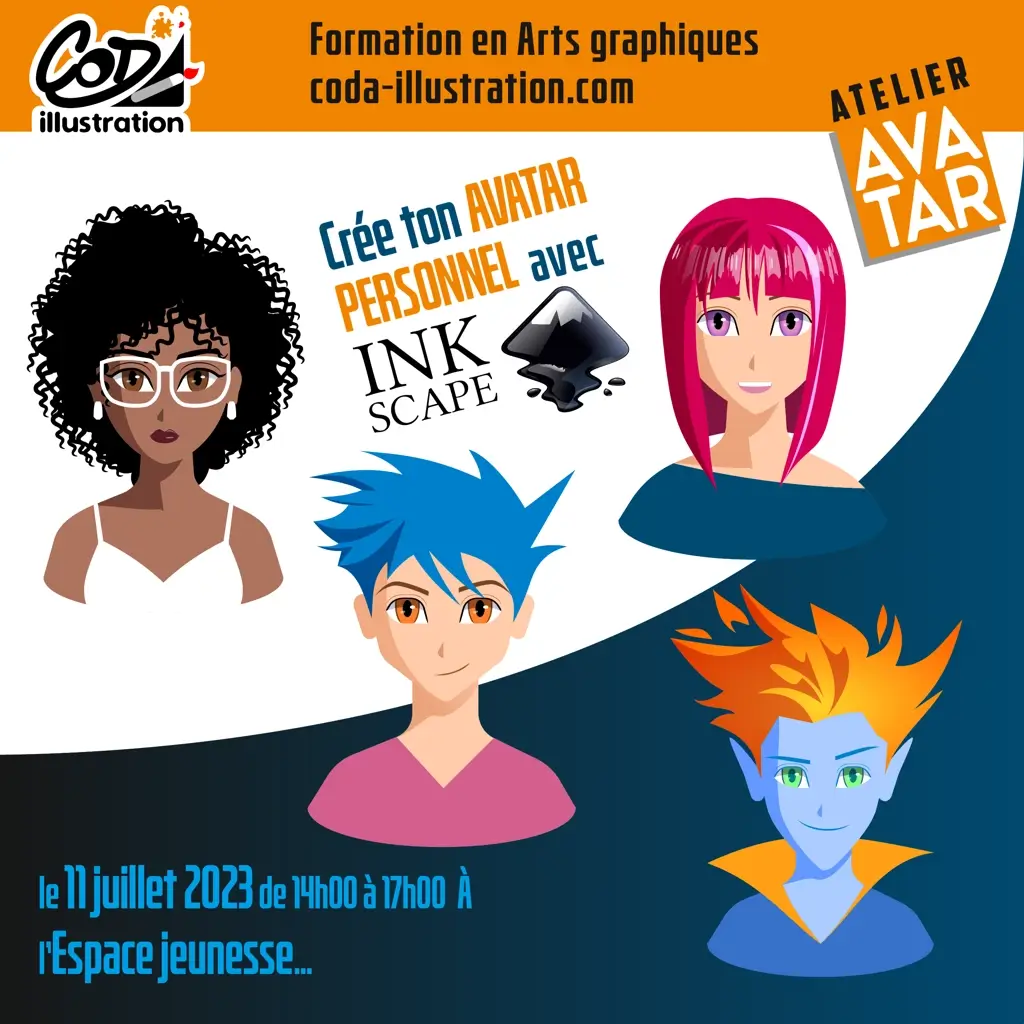 apprendre_a_dessiner 9 Affiche qui présente l'atelier Avatar. Elle montre des exemples de personnages créés avec le logiciel open-source Inkscape.