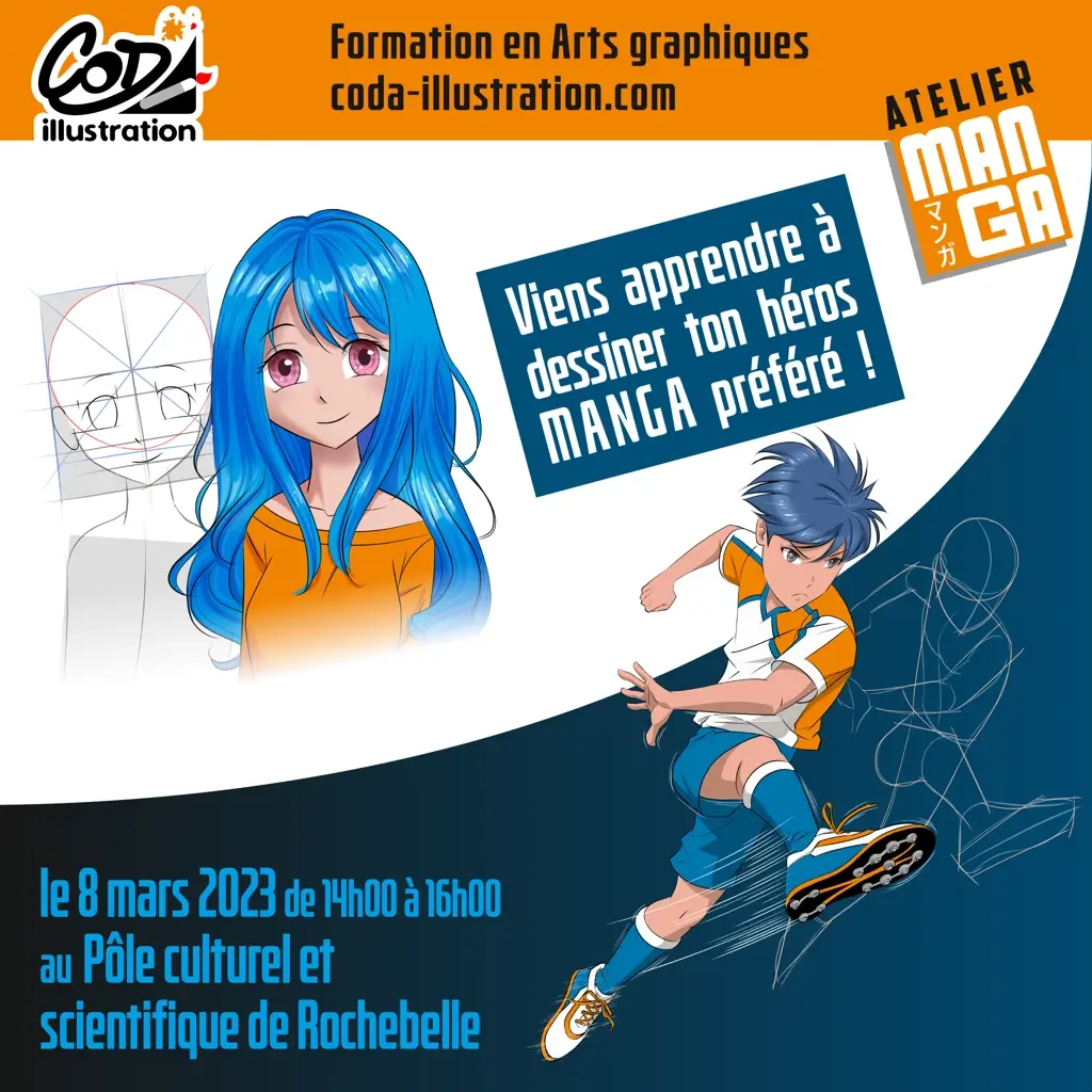 apprendre_a_dessiner 8 Apprendre à dessiner avec l'atelier Manga pour enfants de 8 à 12 ans. On y voit l'esquisse et la réalisation d'un jeune footballeur et d'une jeune fille aux cheveux longs.