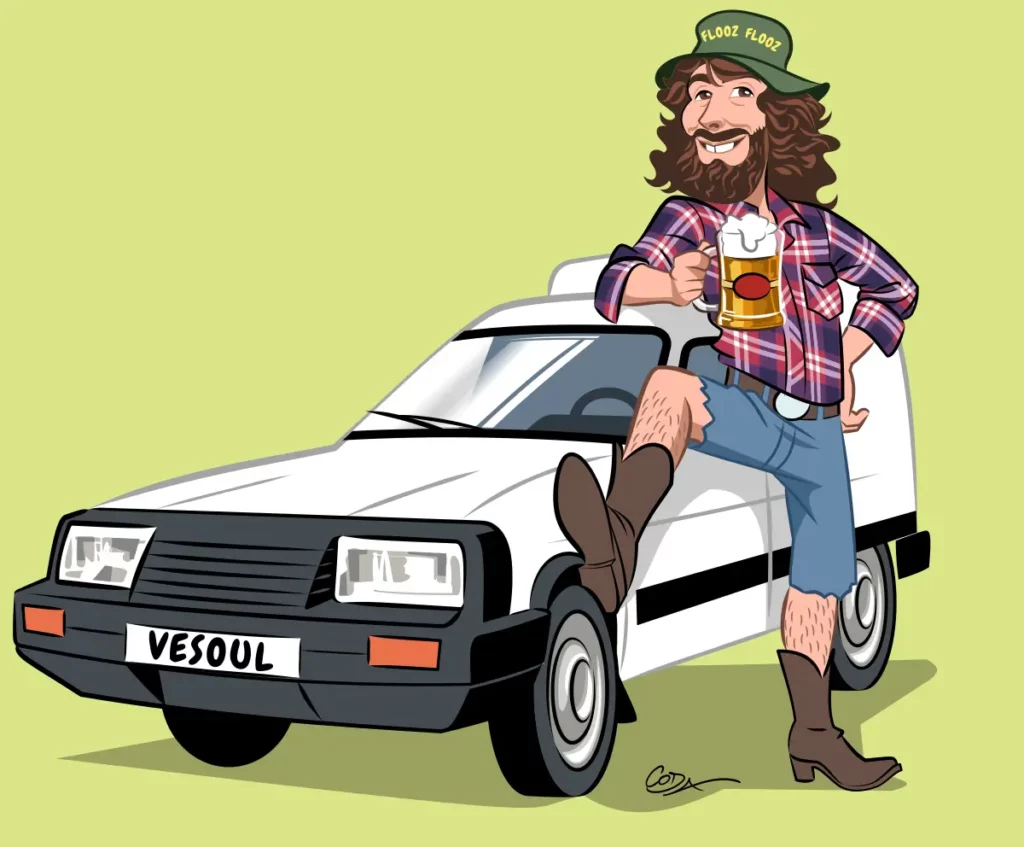 Avatar de Flooz Flooz la Fripouille, influenceur Facebook, Tiktok et Instagram en Franche Comté. Il est souriant, une bière à la main, devant son C15.