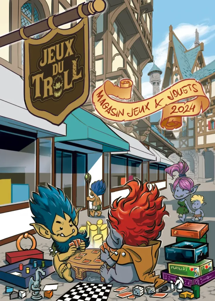 Communication_visuelle 4 Illustration de couverture pour le catalogue 2024 de la boutique Jeux du Troll. Elle présente des petits trolls en train de jouer aux cartes dans une rue médiévale. Tout autour d'eux, il y a des boites de jeux ouvertes, pour montrer combien la boutique est bien achalandée.