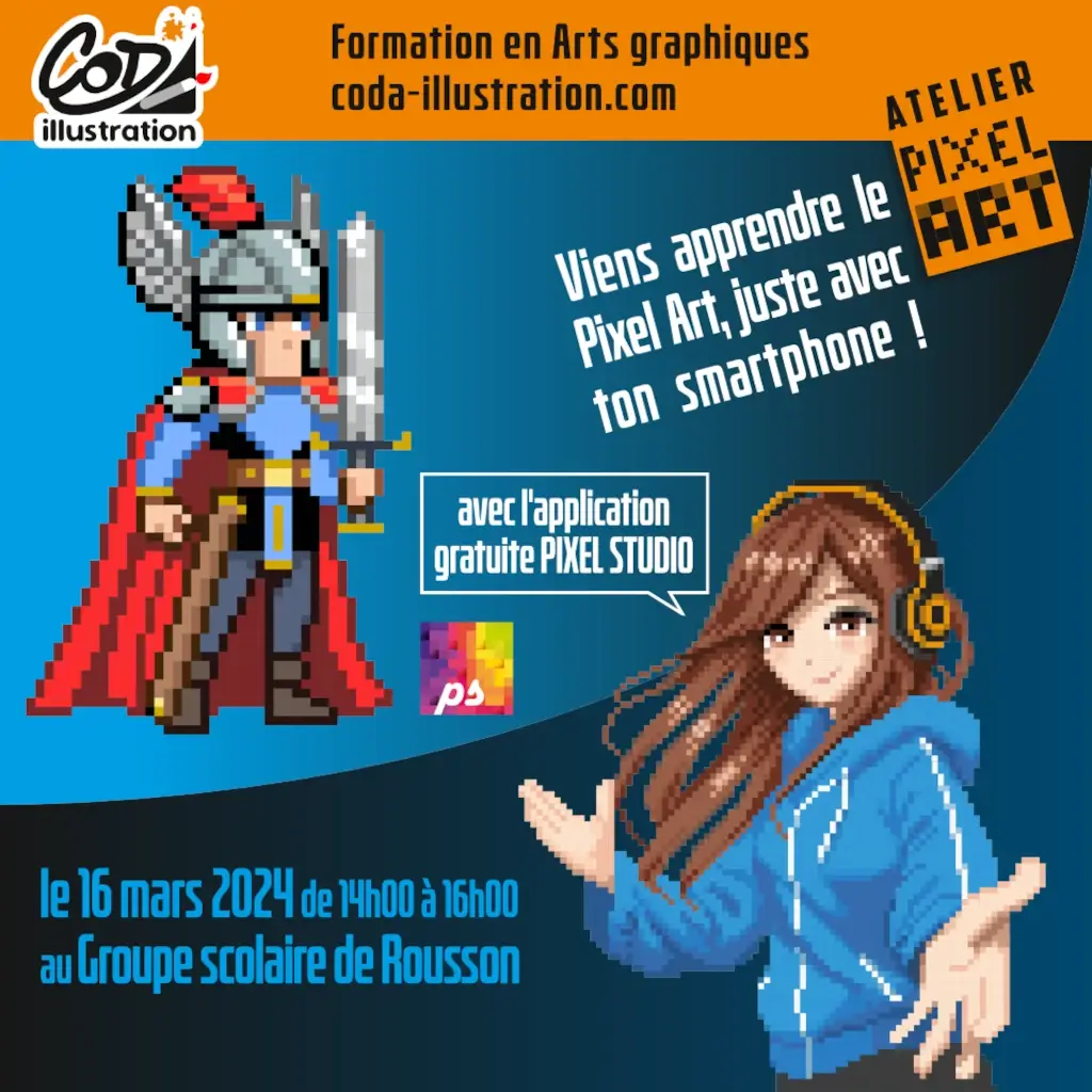 apprendre_a_dessiner 7 Apprendre à dessiner le pixel art sur téléphone avec l'application gratuite Pixel Studio. L'affiche montre 2 illustrations dans ce style : un chevalier et une jeune fille coiffée d'un casque audio.