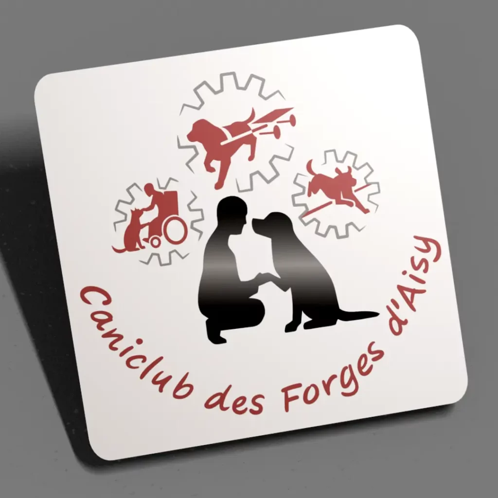 logo du Caniclub des Forges d'Aisy. On y voit, au centre, les silhouettes de profil d'un homme accroupi qui tient la patte de son chien. Les deux se regardent, ce qui montre leur complicité. Autour, 3 engrenages dans lesquels sont dessinées en ombres chinoises 3 activités : l'attelage, le chien visiteur et l'agility.
