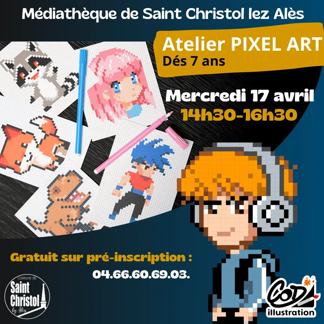 apprendre_a_dessiner 6 Apprendre le dessin Pixel art sur papier. texte "Viens apprendre le PIXEL ART avec des feutres et du papier". On voit quelques exemples : un dinosaure, un renard, un raton laveur, le portrait d'une petite fille et un garçon style manga.