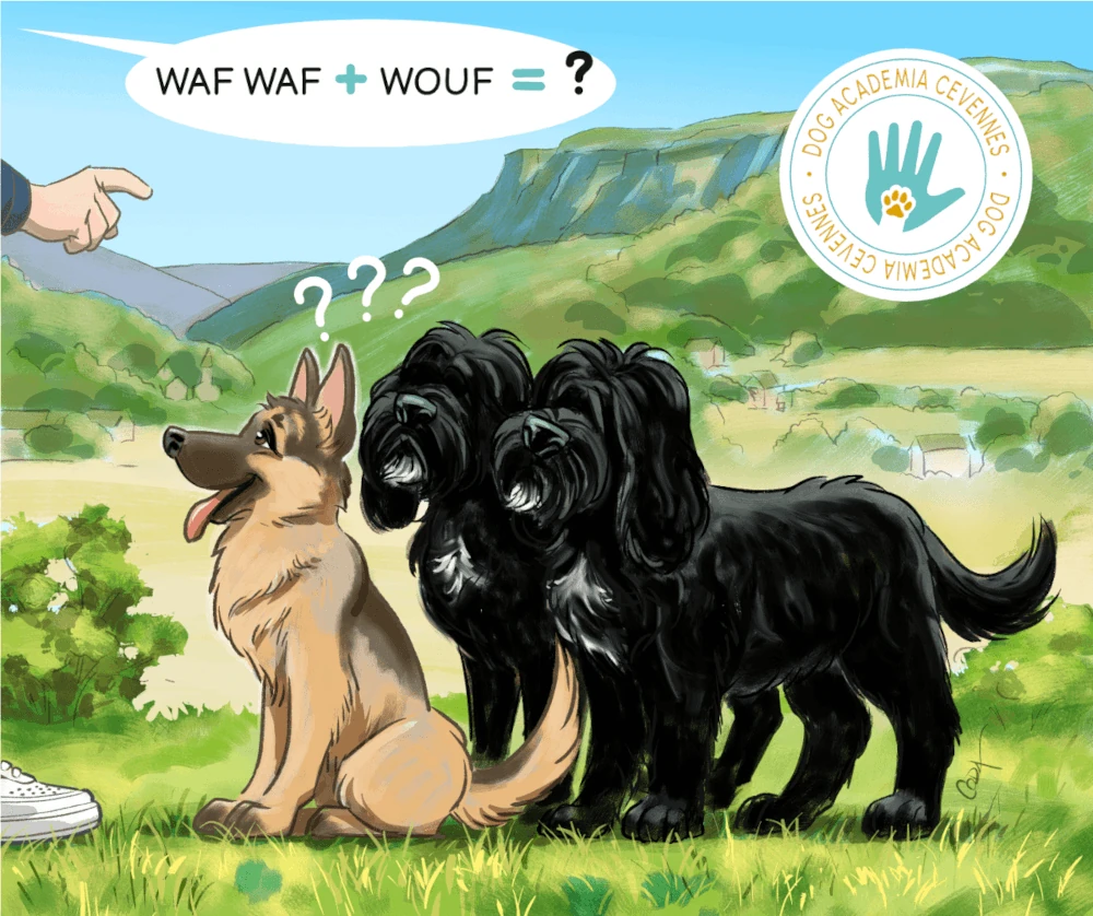 Communication_visuelle 2 Illustration pour l'entreprise Dog Academia Cévennes. Dans un style BD, on y voit 3 chiens attentifs à la main de leur éducatrice, qui apprennent à compter. Dialogue : "Waf-waf + wouf =?"