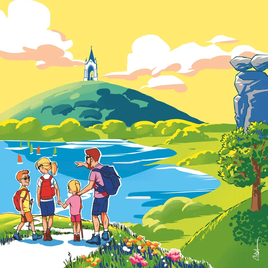 Communication_visuelle 1 Image style BD. On y voit les symboles de la ville de Vesoul : la Chapelle de la Motte, le Lac de Vaivre et le Sabot de Frotey. La scène est lumineuse. Au premier plan, une famille en lunettes de soleil et sacs à dos admire le paysage.