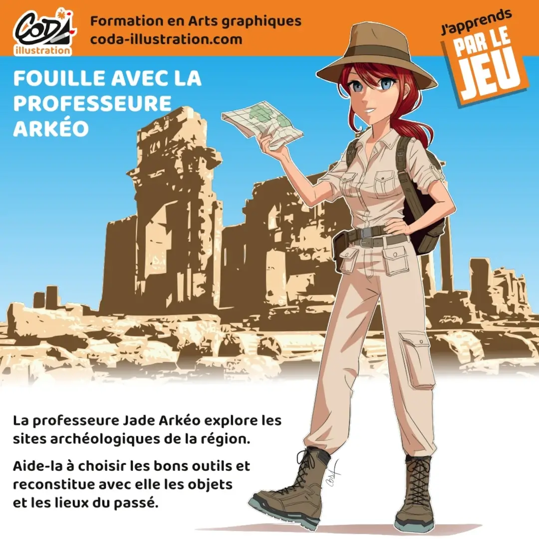 apprendre_a_dessiner 4 Image qui représente une jeune archéologue style manga sur fond de ruines. Titre "Fouille avec la Professeure Arkéo". Ce visuel a servi pour notre animation "archéologie" à l'occasion de la Fête de la Science à Rochebelle les 12 et 13 octobre 2024