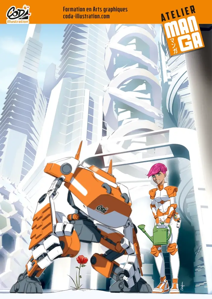 apprendre_a_dessiner 2 Affiche de l'atelier MANGA à Rousson en avril 2025. On y voit, dans un décor de ville futuriste, un robot et une jeune fille qui tentent de sauver un coquelicot qui surgit du sol en béton.