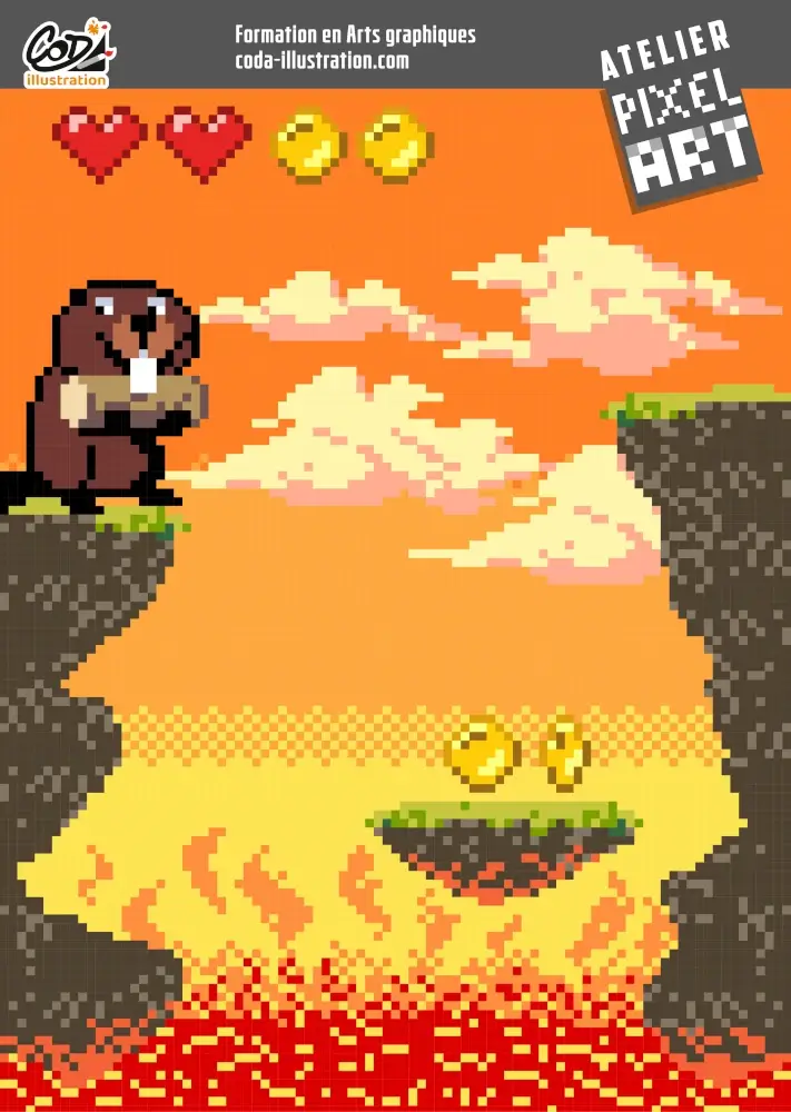 apprendre_a_dessiner 3 Affiche de l'atelier PIXEL ART de Rousson en avril 2025. On y voit un visuel style jeu vidéo, dans lequel un castor doit franchir un fossé de lave en fusion.