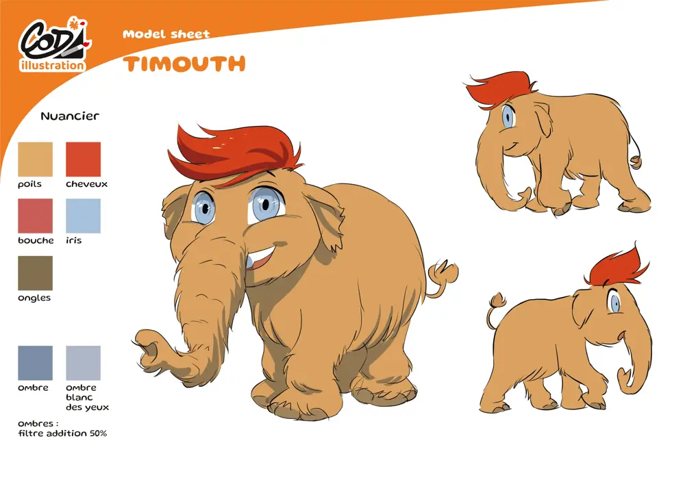 EXPLOREZ LA GROTTE CHAUVET AVEC LE LIVRE POUR ENFANTS "TIMOUTH L'APPRENTI MAMMOUTH". 3 Images de référence de Timouth le petit mammouth, pour définir les caractéristiques du personnage et son style graphique.