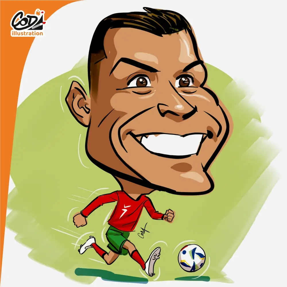 Portfolio 8 Caricature du footballeur Cristiano Ronaldo dans un style BD, dessinée par Coda Illustration.