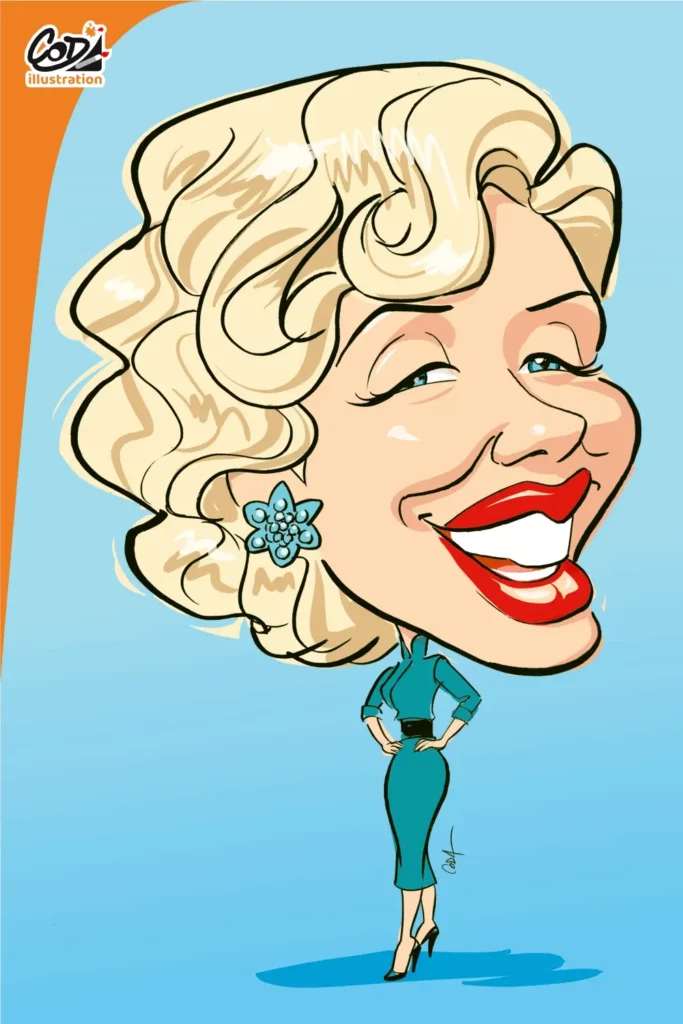 Portfolio 5 Caricature de Marylin Monroe dans un style BD, dessinée par Coda Illustration.