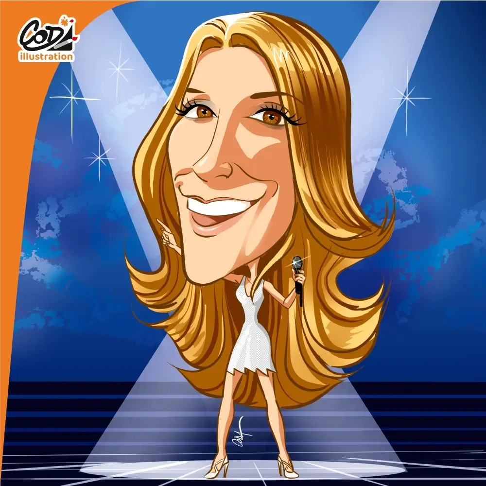 Portfolio 7 Caricature style BD de la chanteuse Céline Dion sur scène.