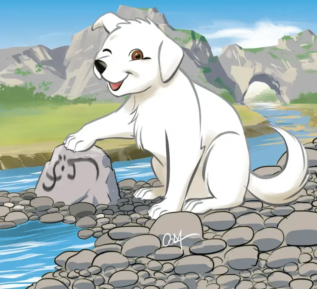 Patou, le chien, pose une patte sur un rocher avec un dessin de mammouth au charbon, Pont d’Arc en arrière-plan.