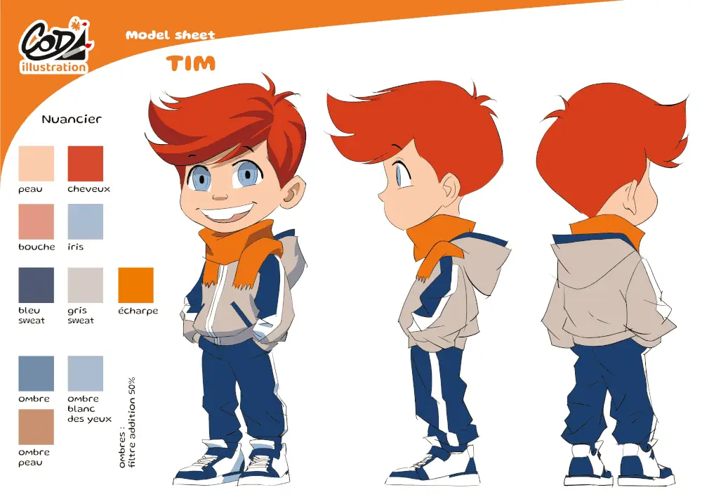 Model-sheet de Tim : personnage vu en entier sous trois angles (3/4, profil, dos) avec nuancier des couleurs des vêtements.