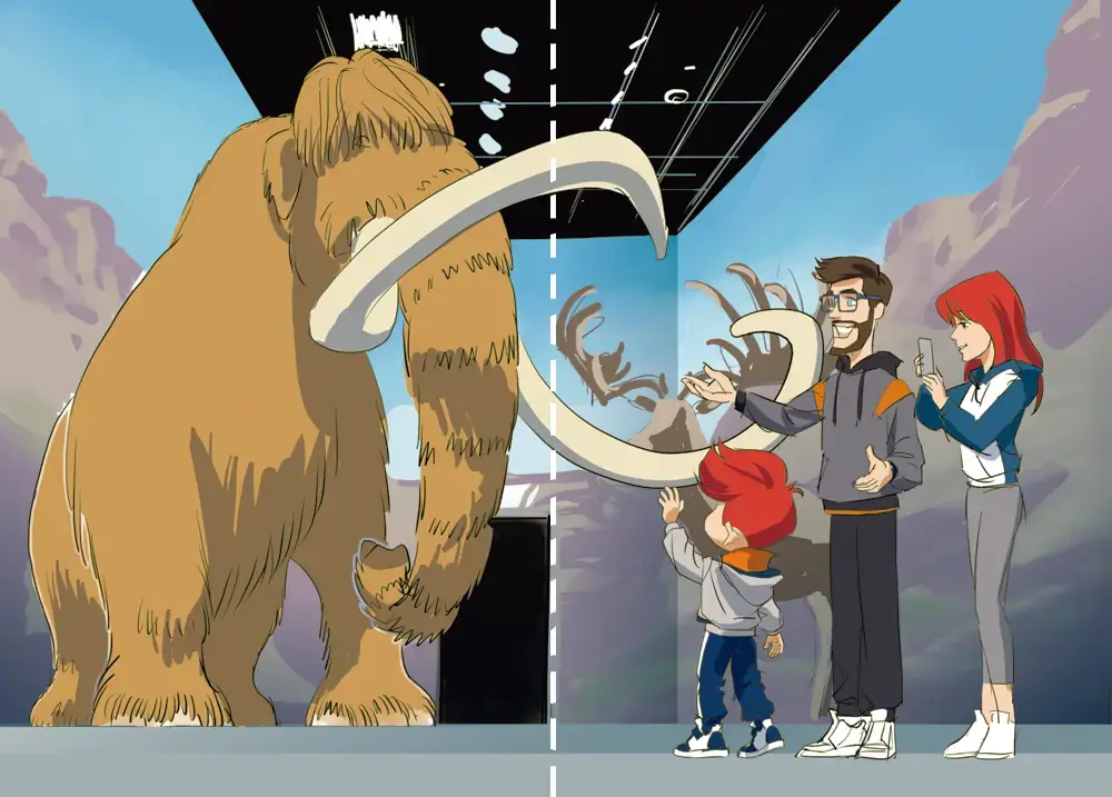 Tim et ses parents devant un mammouth reconstitué grandeur nature.