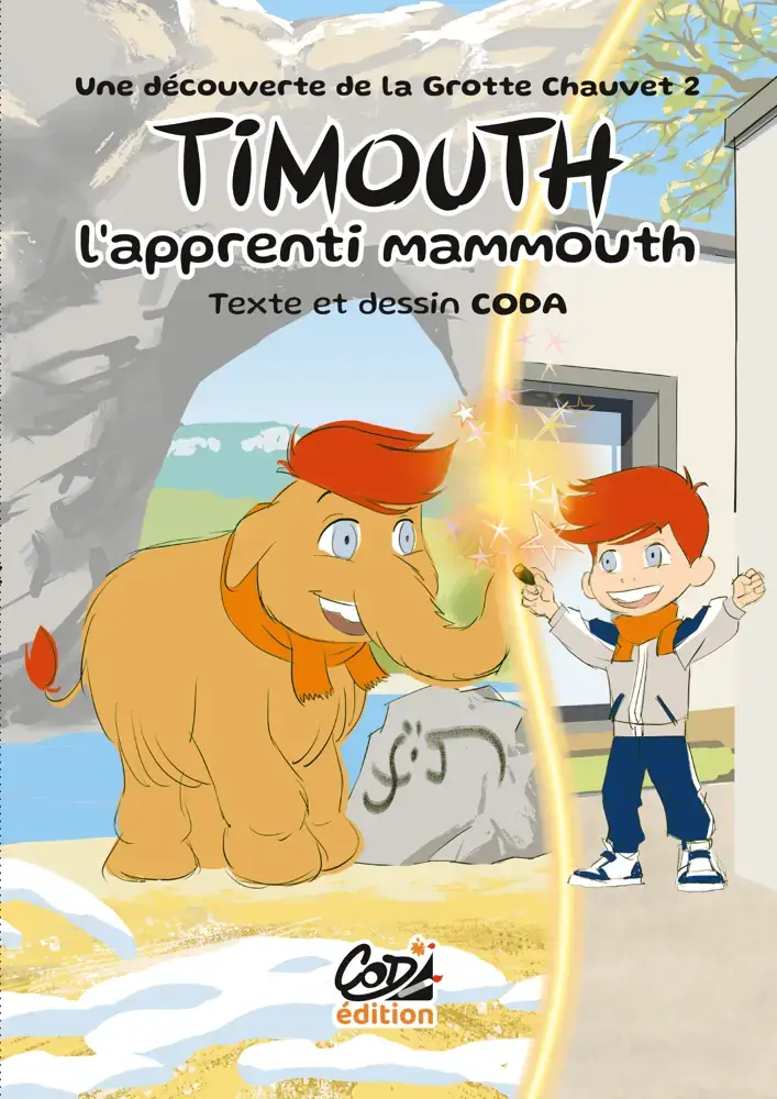 Illustration en deux parties : Timouth devant le Pont d’Arc tend sa trompe vers Tim devant sa maison