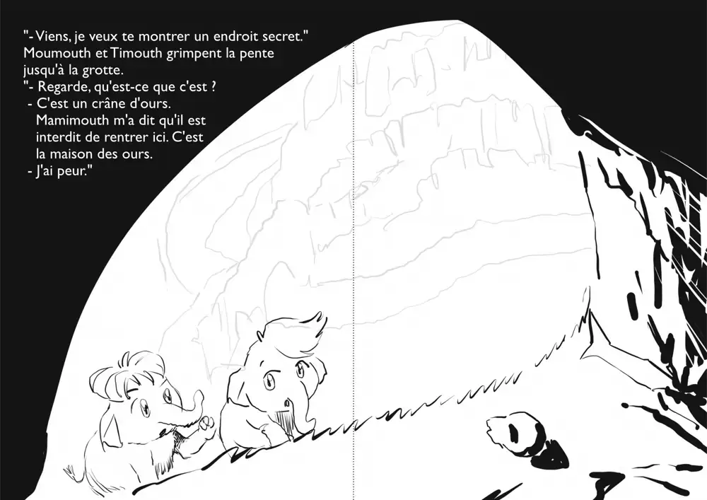 Croquis de Timouth et Moumouth devant l'entrée de la Grotte Chauvet avec un crâne d’ours sur le seuil.