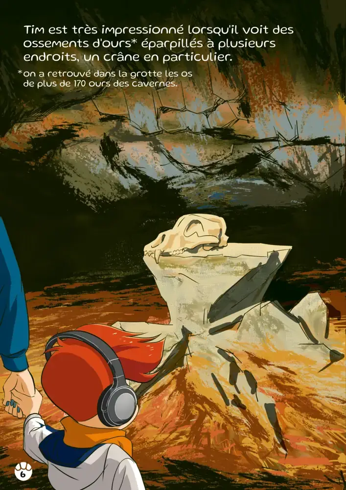 Tim impressionné devant un crâne d’ours sur un rocher dans la Grotte Chauvet