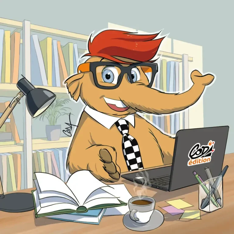 7 étapes pour L'autoédition D'un livre pour enfants – Le making-of Timouth 1 Illustration : Timouth assis devant un ordinateur affichant “Coda édition”, entouré de livres.