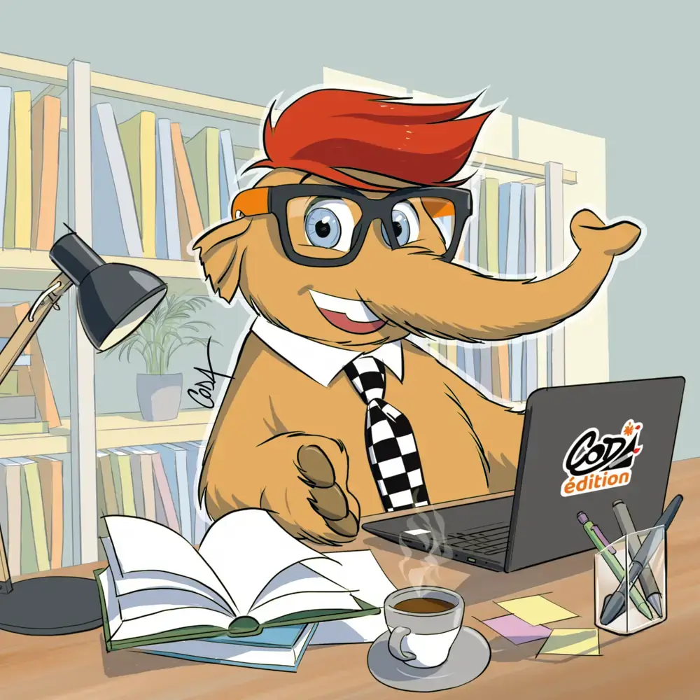 Illustration : Timouth assis devant un ordinateur affichant “Coda édition”, entouré de livres.