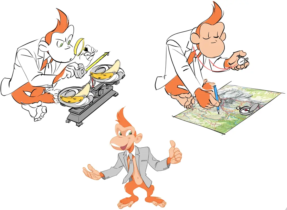 Jocko dans trois attitudes différentes illustrant les rubriques du site