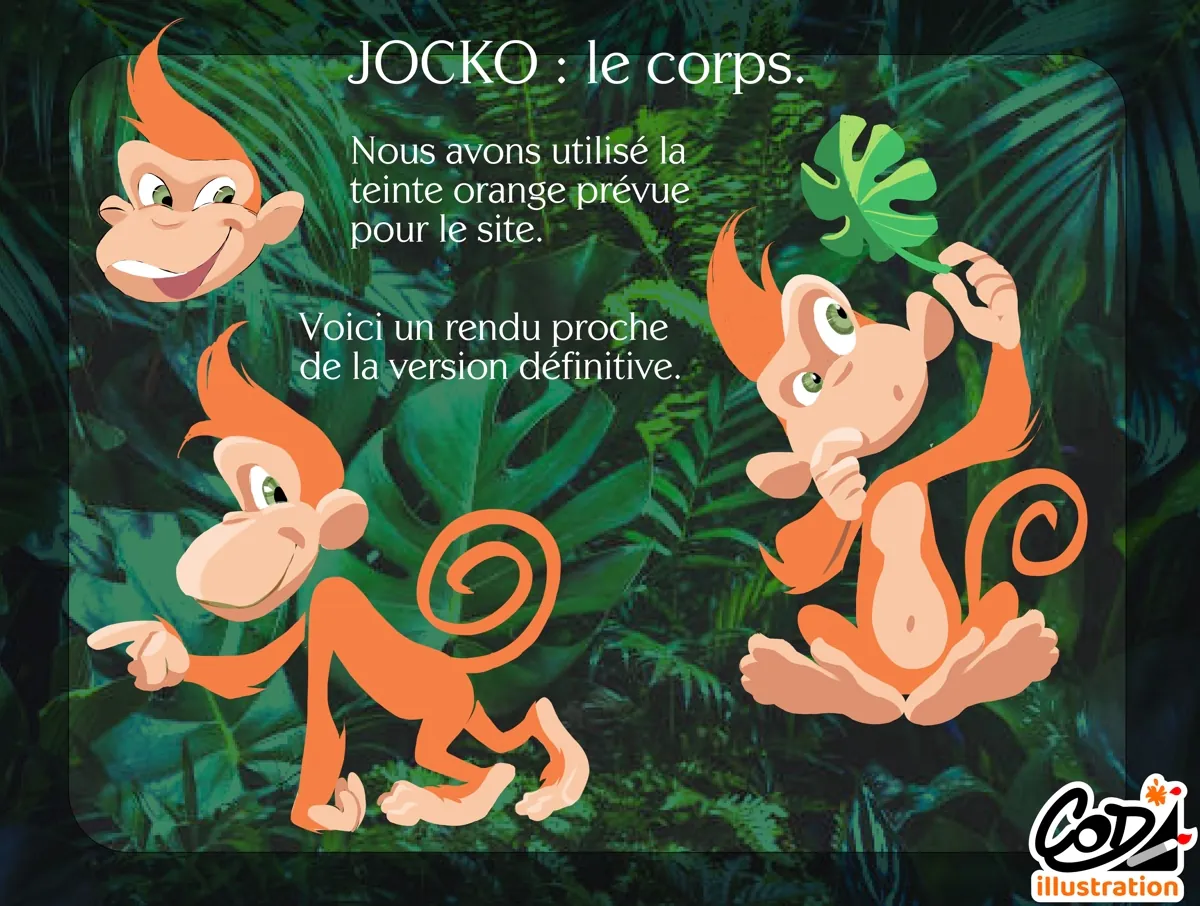 Illustration BD : Jocko la mascotte entière mise en situation sur le site