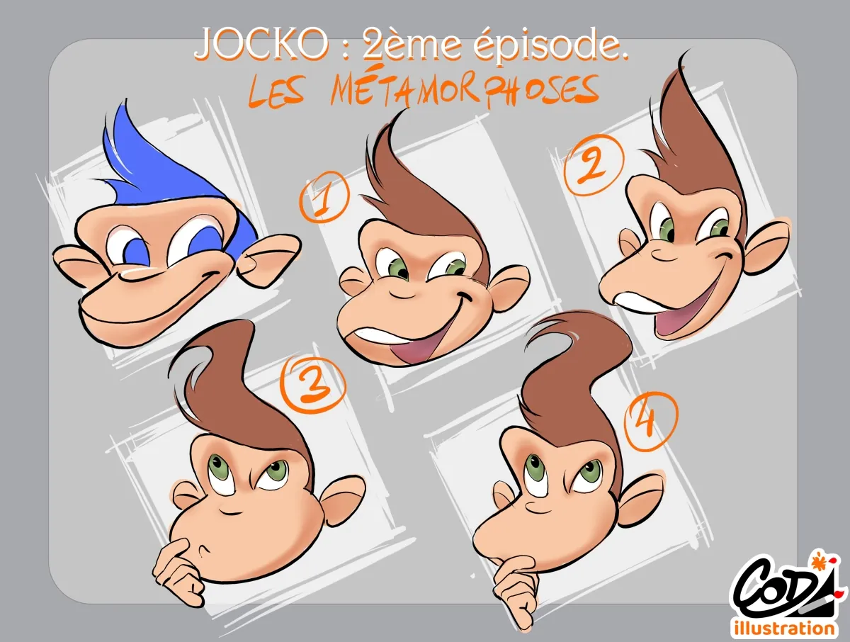 Illustration BD : 4 croquis pour préciser le style visuel de la mascotte Jocko
