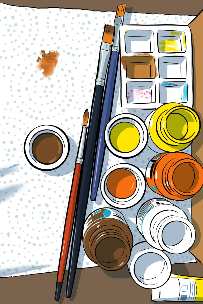 PEINTURE SUR TISSU : LES 7 ÉTAPES POUR RÉUSSIR ! 2 3 pinceaux, 4 flacons de peinture ouverts et une mini palette sur papier essuie-tout