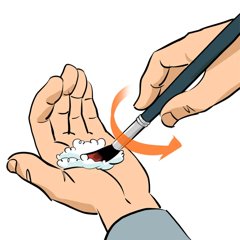 PEINTURE SUR TISSU : LES 7 ÉTAPES POUR RÉUSSIR ! 4 Nettoyage d’un pinceau en faisant mousser les poils dans la paume de la main
