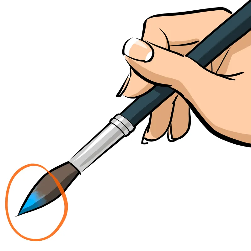 PEINTURE SUR TISSU : LES 7 ÉTAPES POUR RÉUSSIR ! 5 main tenant un pinceau rond dont seule l'extrémité des poils est chargée de peinture