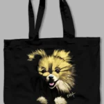 Tote bag noir en coton décoré d’un portrait de spitz peint à la main, pièce unique signée