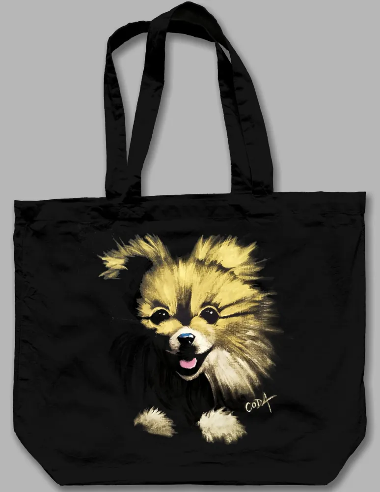 Tote bag noir en coton décoré d’un portrait de spitz peint à la main, pièce unique signée