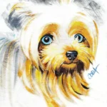 Détail peinture originale signée d’un Yorkshire sur tote bag blanc en coton