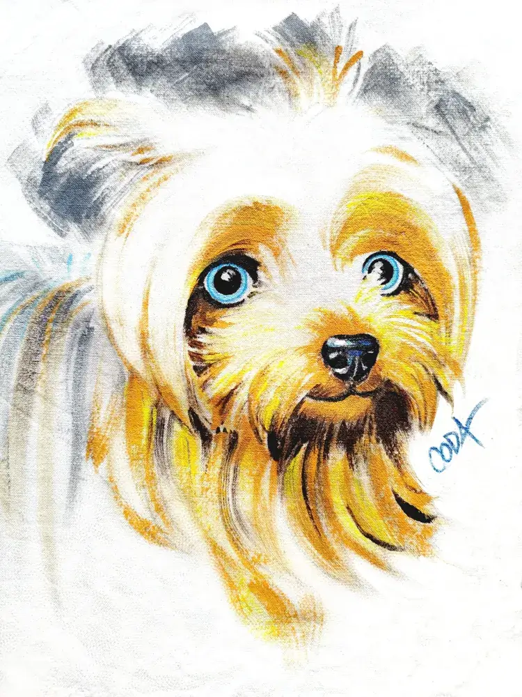 Détail peinture originale signée d’un Yorkshire sur tote bag blanc en coton