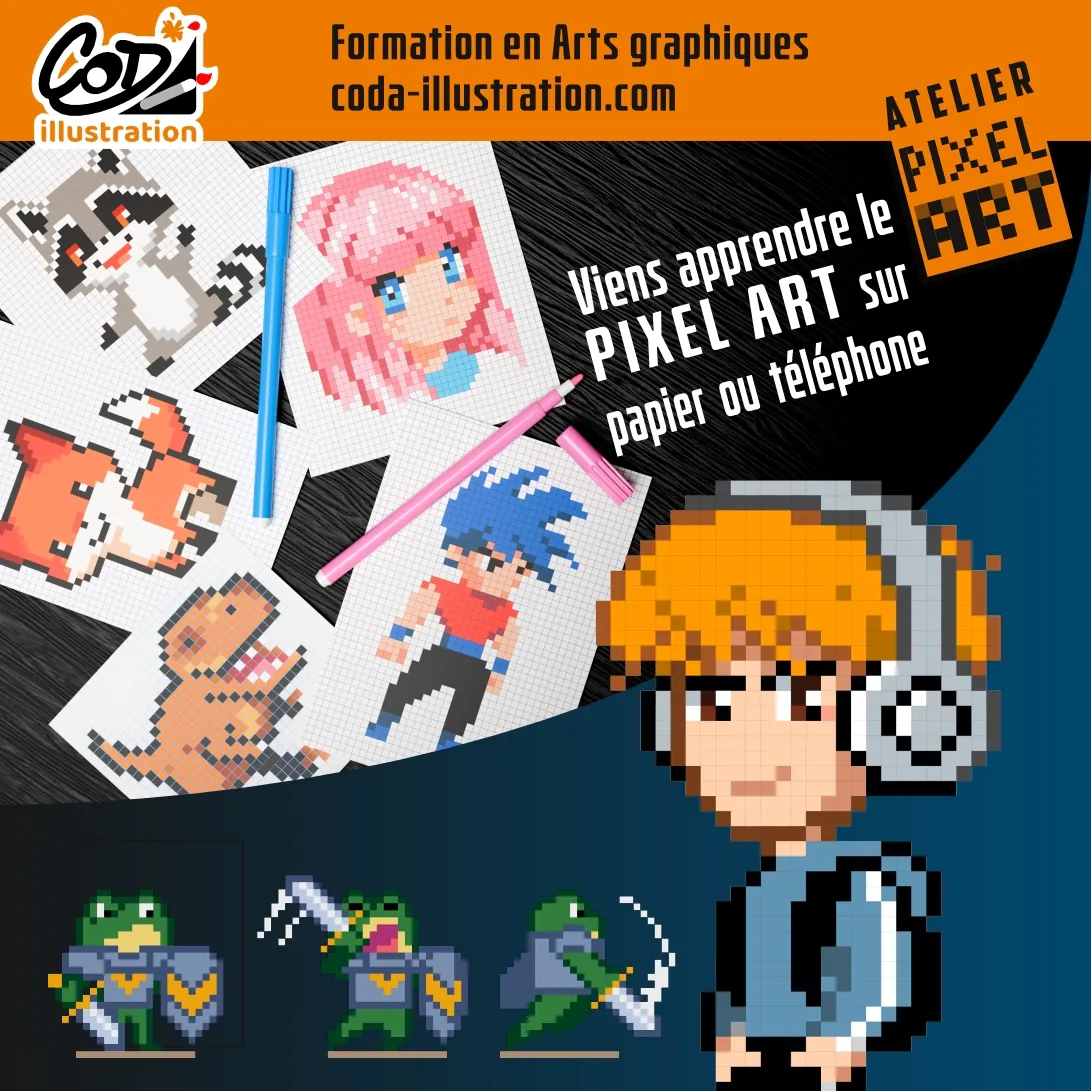 personnages pixel art humains et animaux sur papier et application mobile