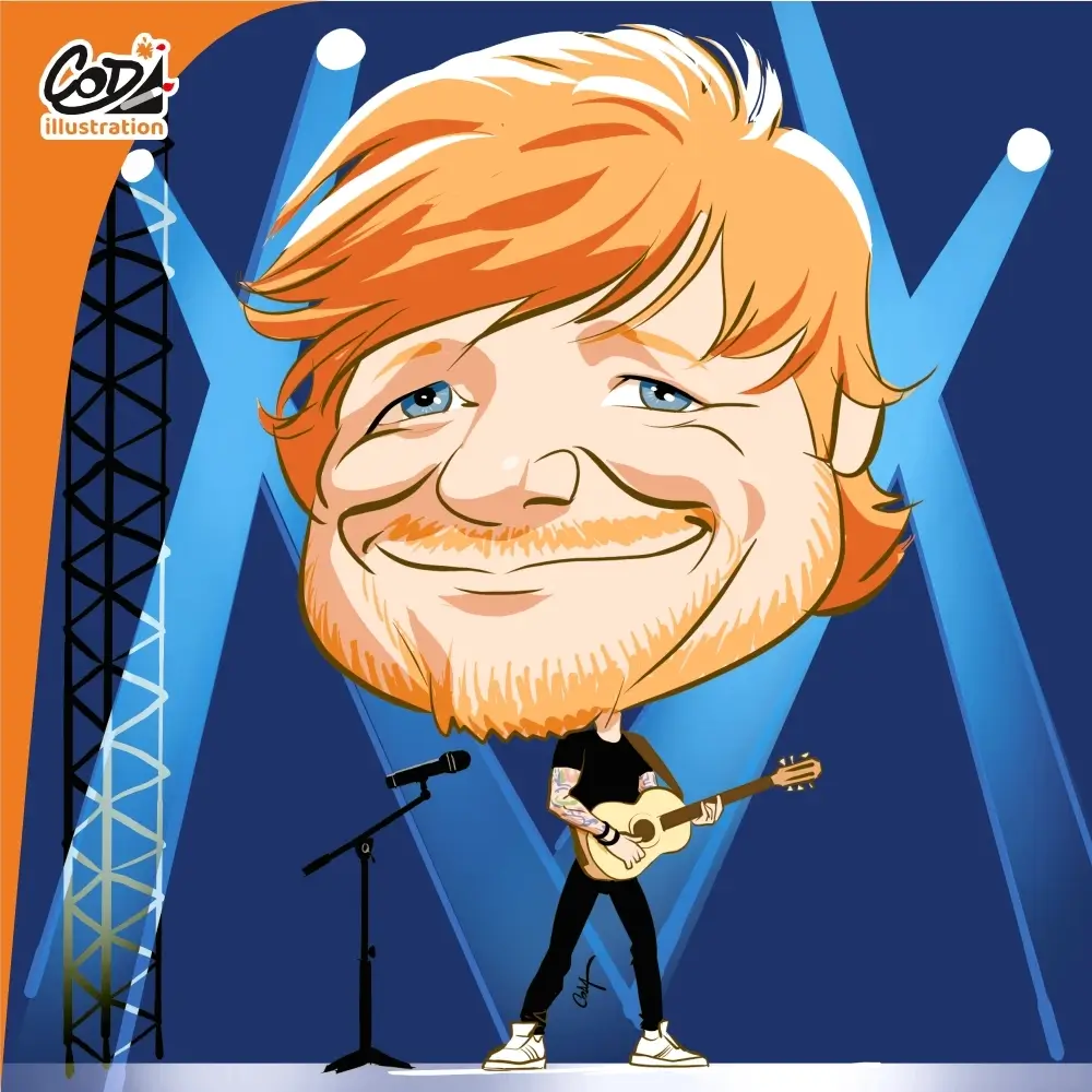 Caricature d'Ed Sheeran en style BD humoristique, Coda Illustration