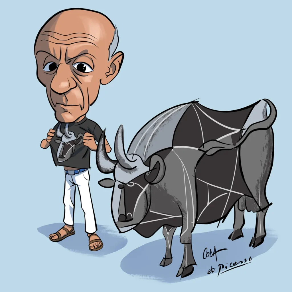 Caricature de Picasso portant un t-shirt avec portrait de taureau peint à la main
