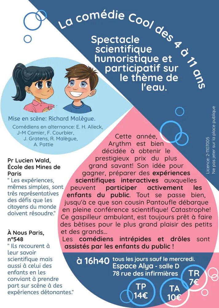 Flyer illustration professionnelle spectacle éducatif Cousin Crad'eau : composition dynamique style BD avec gouttes et bulles, palette rose et bleu