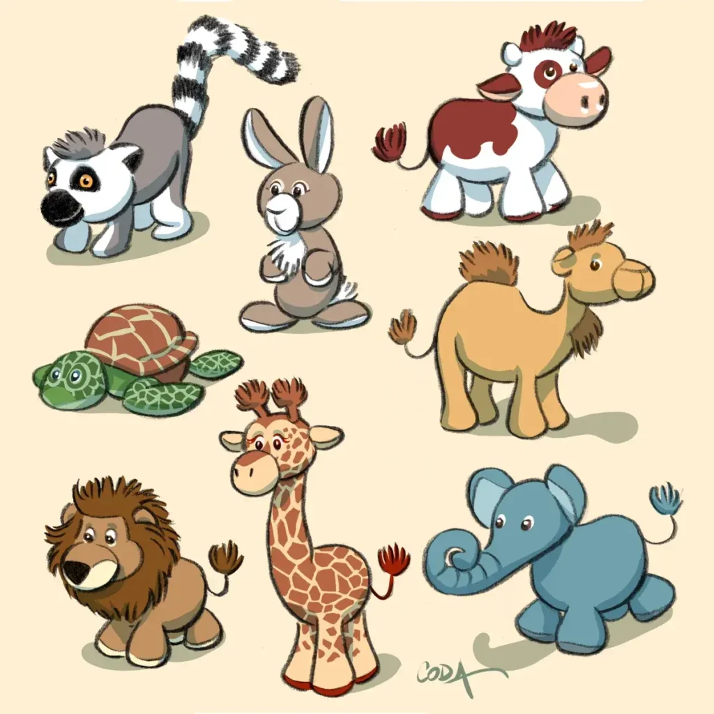 Illustration BD de huit petits animaux style peluche pour bébé : maki, lapin, vache, tortue, lion, girafe, éléphant et dromadaire