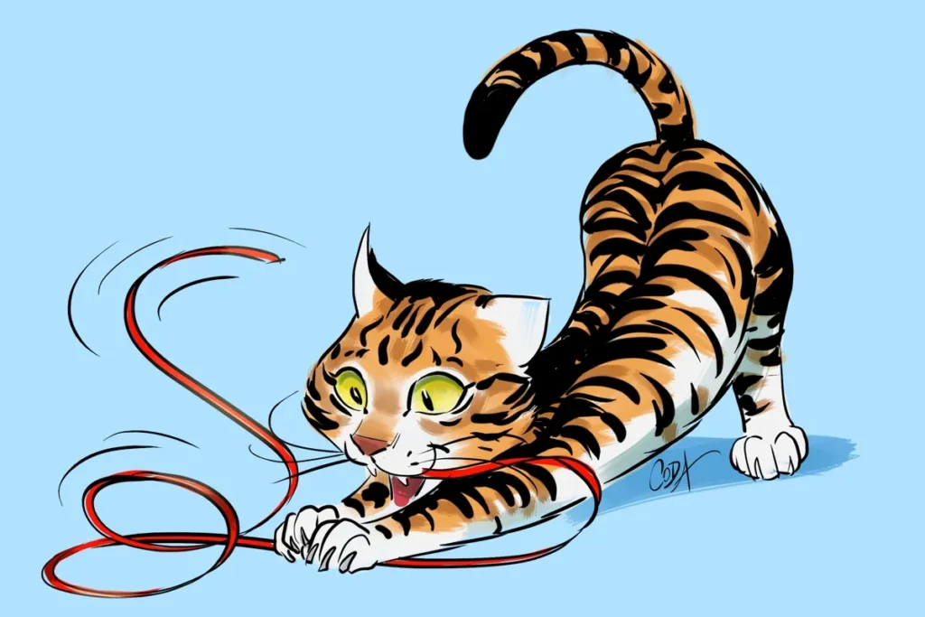Illustration BD d'un chat tigré espiègle en train de jouer avec un ruban rouge