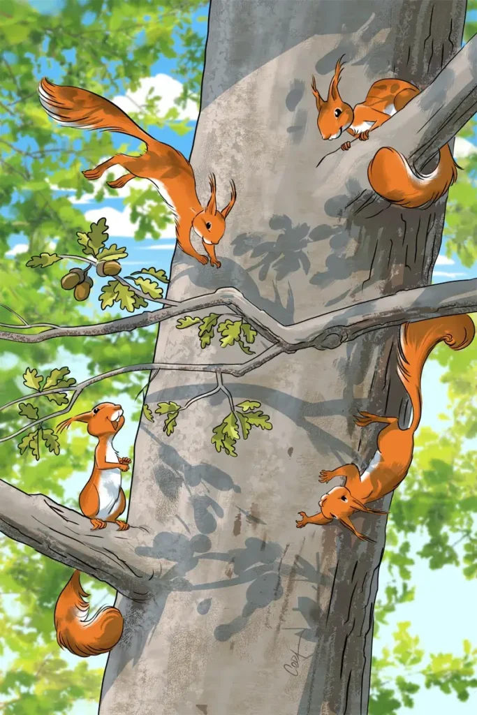 Illustration BD de plusieurs écureuils joueurs faisant des acrobaties sur le tronc d'un arbre