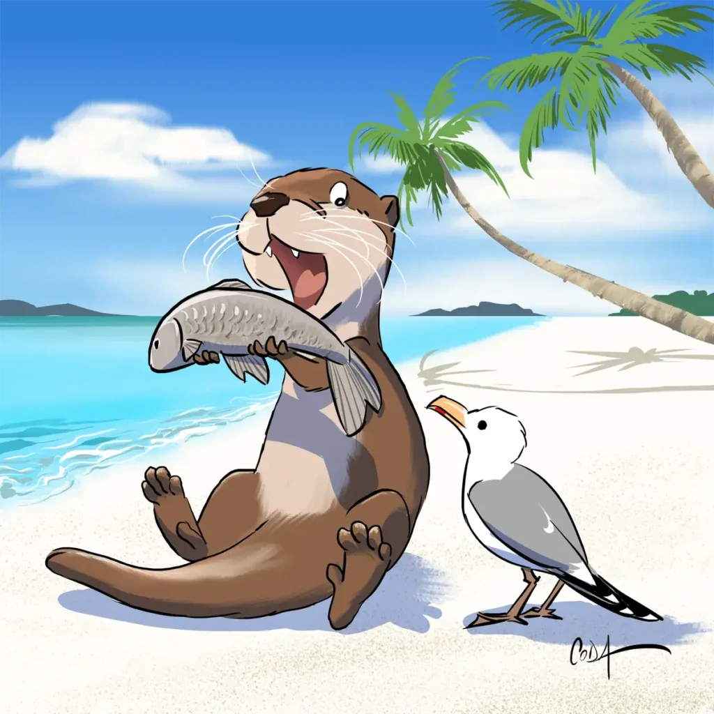 Illustration BD d'une loutre dégustant un poisson sur une plage paradisiaque, sous le regard plein de convoitise d'un goéland