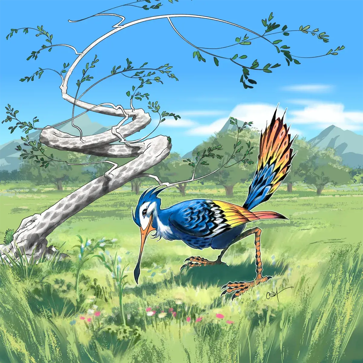 Illustration BD d'un oiseau imaginaire au long bec, longues pattes et plumage multicolore, picorant devant un arbre fantaisiste au tronc blanc en spirale