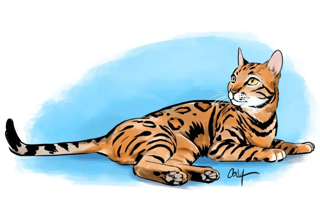 Illustration réaliste numérique d'un chat de race bengale allongé, robe tachetée finement détaillée