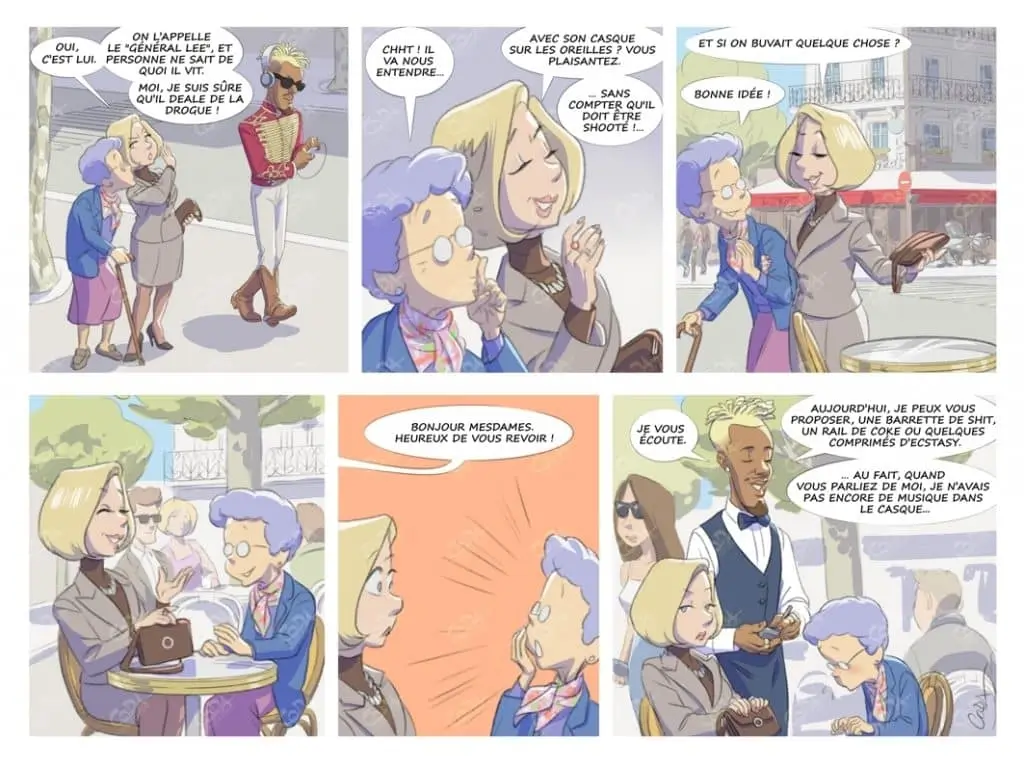 Planche BD humoristique couleur : deux bourgeoises médisent d'un jeune excentrique qui se révèle être leur serveur, Coda Illustration