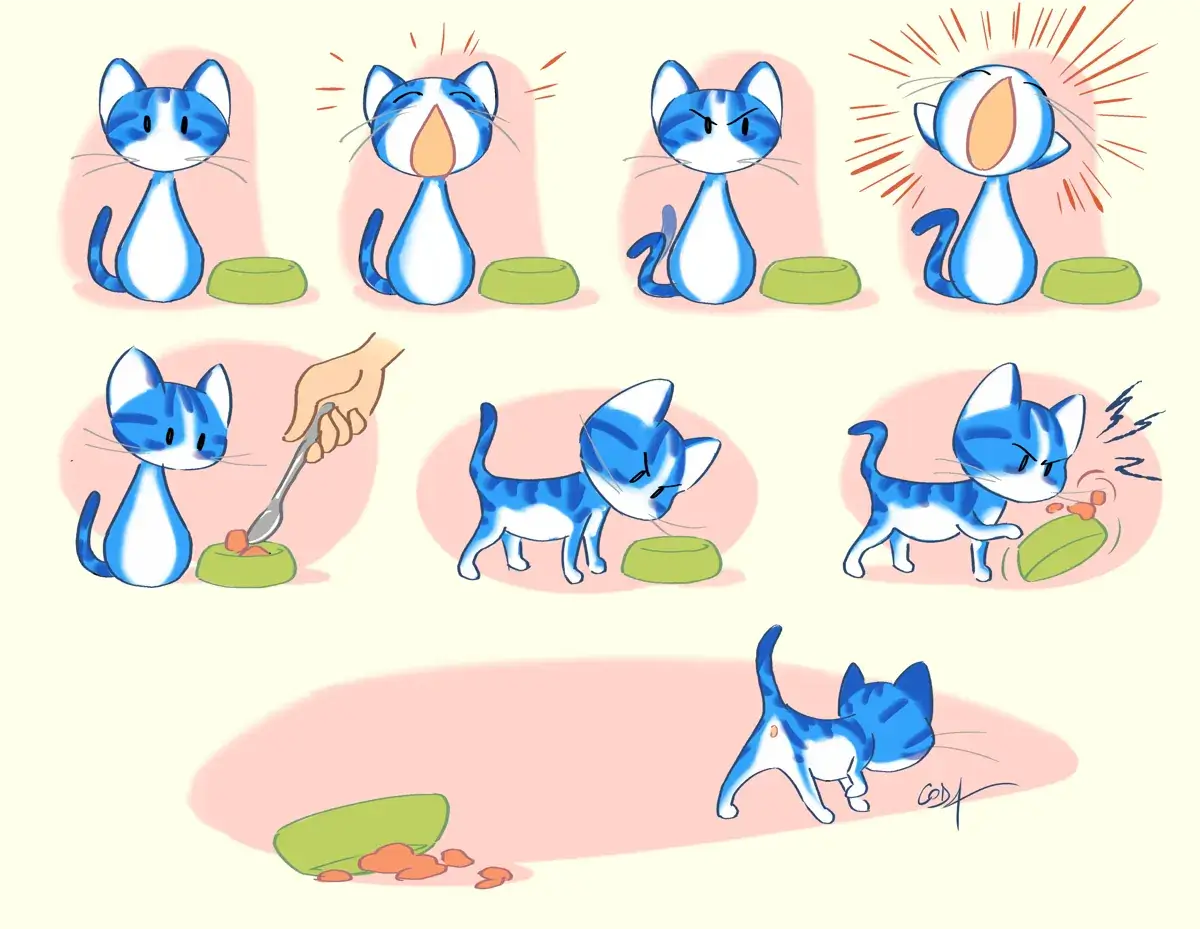 Planche BD humoristique couleur : un petit chat affamé boude sa gamelle pleine et la renverse, Coda Illustration